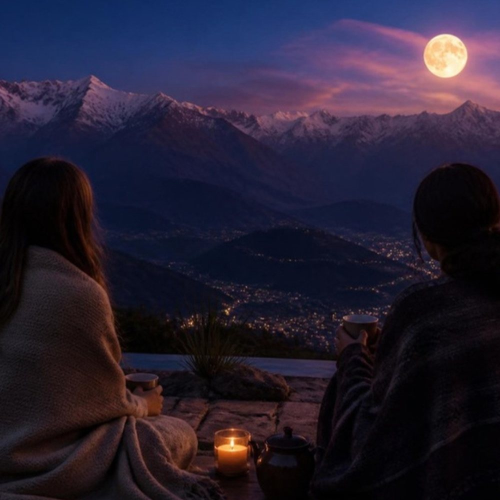 Dos amigas mirando la luna llena sobre la cordillera