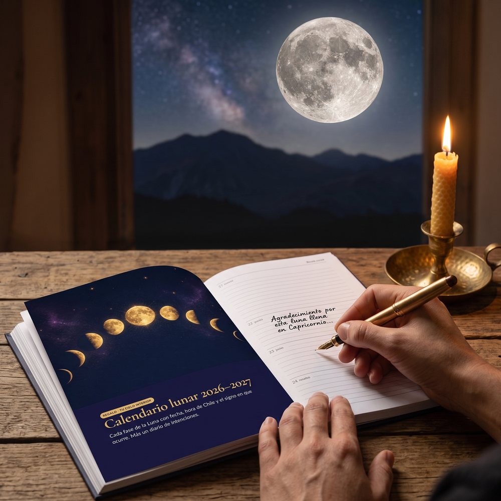 Calendario lunar abierto junto a una vela y la luna llena en la ventana