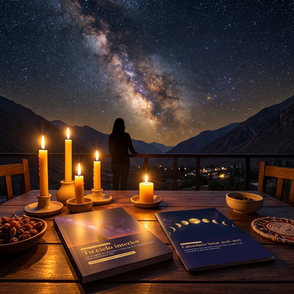 El libro Tu cielo interior y el calendario lunar sobre una mesa con velas bajo la Vía Láctea